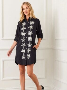 Karen Kane In The Garden Black Floral Embroidered Shirt Dress NWT M